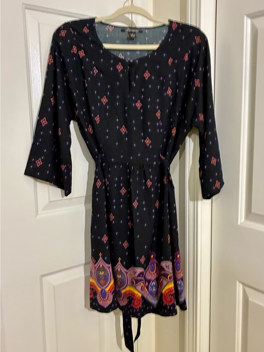 Lucky Brand Black Long-Sleeve Border Print Waist-Tie Dress